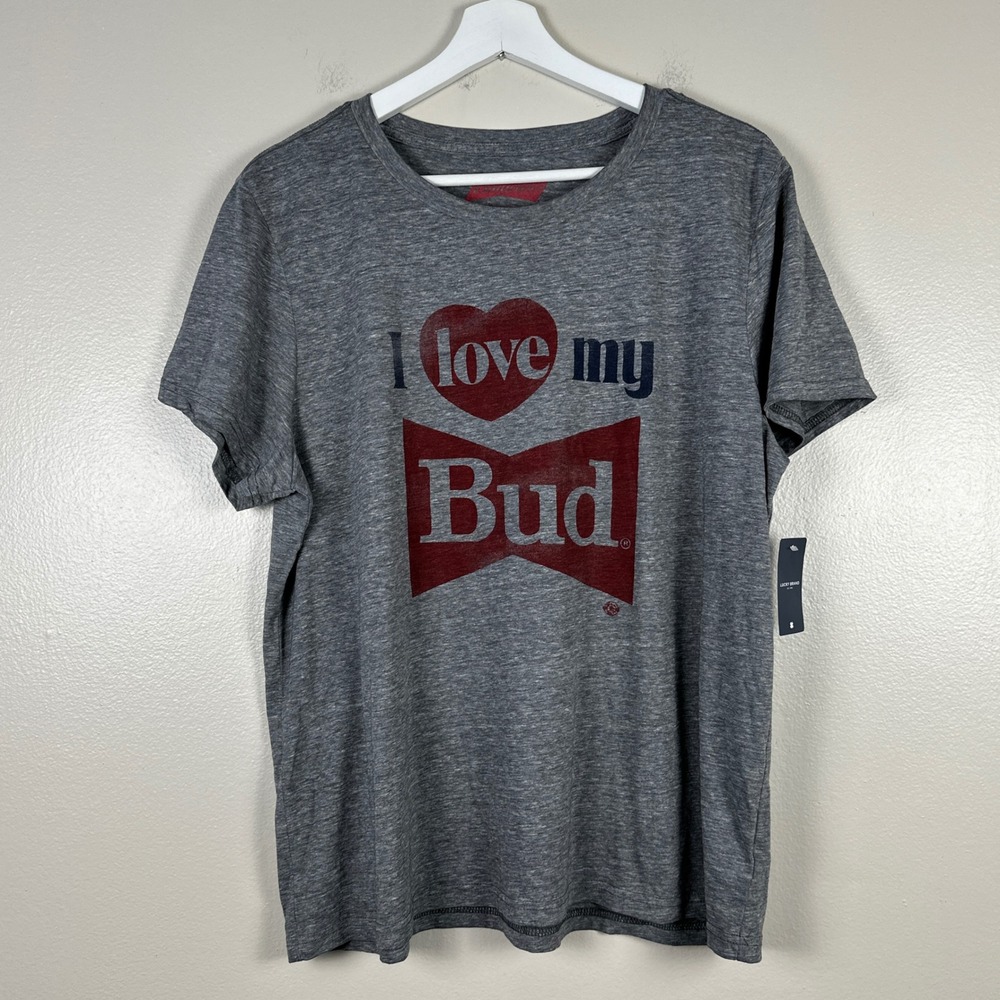 Lucky Brand Women's XL T-Shirt Grey Budweiser I Love My Bud Graphic Tee NEW